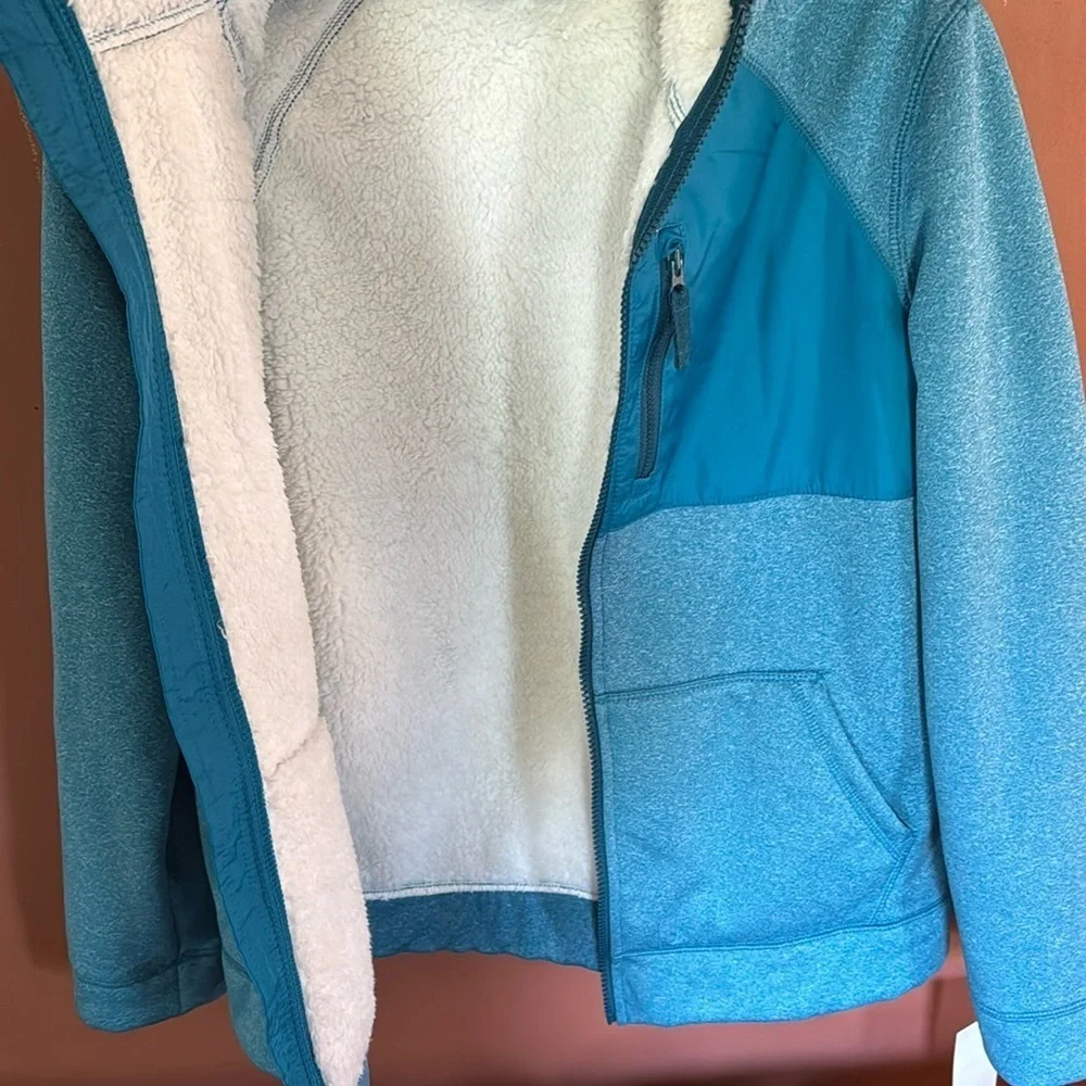 NWT Lands' End Hooded Fleece Sherpa Jacket  Youth XL (14-16) Blue Full Zip